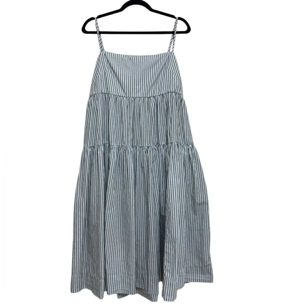 J. Crew Tie-Back Tiered Dress in Blue and White Stripe - Size 18 - Picture 2 of 7